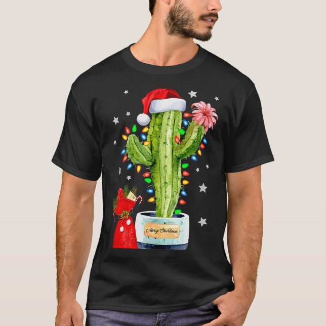 T-shirt Cactus Christmas Sweater Lights Santa Xmas Plant L (Devant)