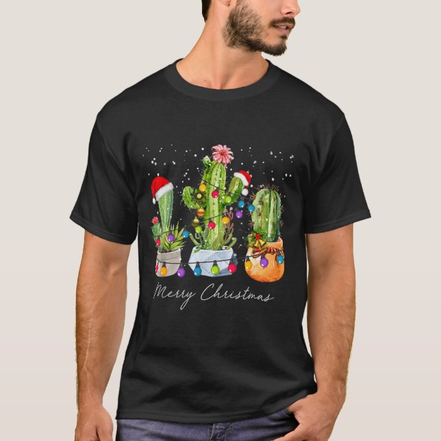 T-shirt Cactus Christmas Xmas Trees Lights Santa Hat Cactu (Devant)