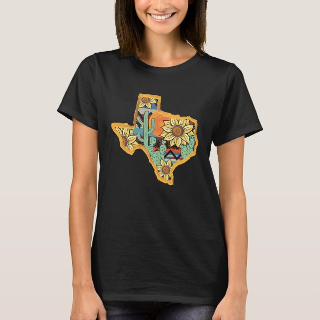 T-shirt Cactus & Sunflower Texas Map Texas State Texas Hom (Devant)