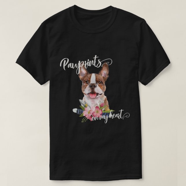 T-shirt Cadeau Brown Boston Terrier avec fleurs et plume (Design devant)