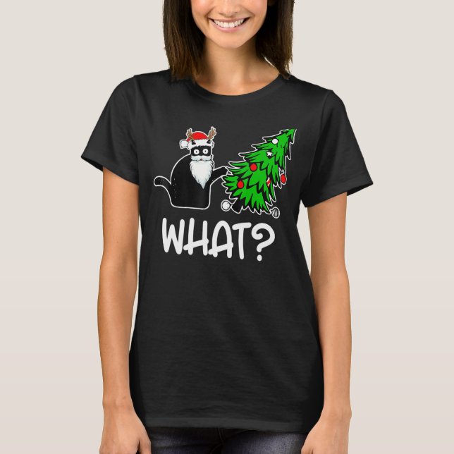 T-shirt Cadeau Chat Noir Poussant Arbre de Noël Sur Chat W (Devant)