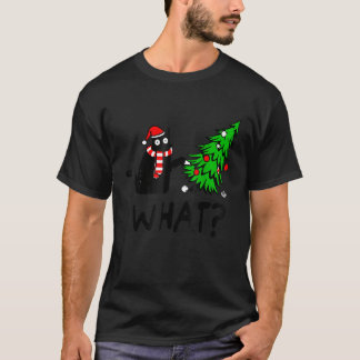 T-shirt Cadeau de chat noir poussant l'arbre de Noël sur c