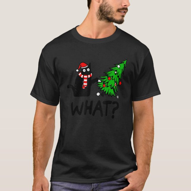 T-shirt Cadeau de chat noir poussant l'arbre de Noël sur c (Devant)