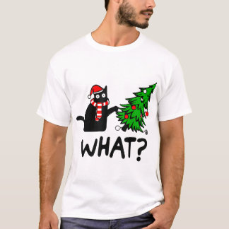 T-shirt Cadeau de chat noir poussant l'arbre de Noël sur l