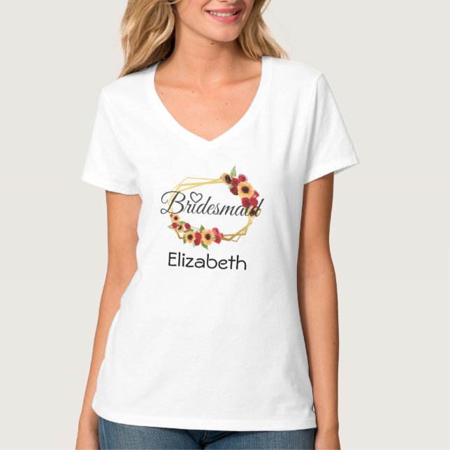 T-shirt Cadeau de demoiselle d'honneur, Tournesol, Roses,  (Devant)
