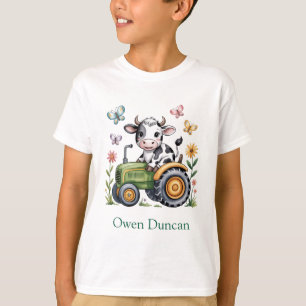 T-shirt Cadeau de garçon de vache mignonne sur tracteur