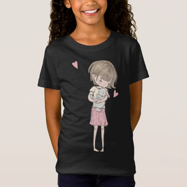 T-Shirt Cadeau de lapin|Petite fille mignonne et lapin lap (Devant)