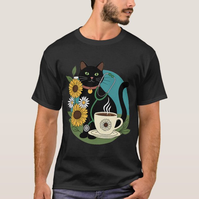 T-shirt Cadeau Tasse à Café Stéthoscope Chat Noir (Devant)