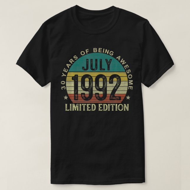 T-shirt Cadeaux de 30 ans Juillet 1992 Édition limitée 30e (Design devant)