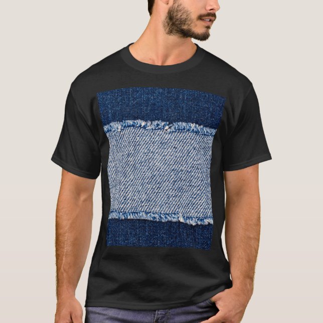 T-shirt Cadre de jean bleu denim fringé. (Devant)