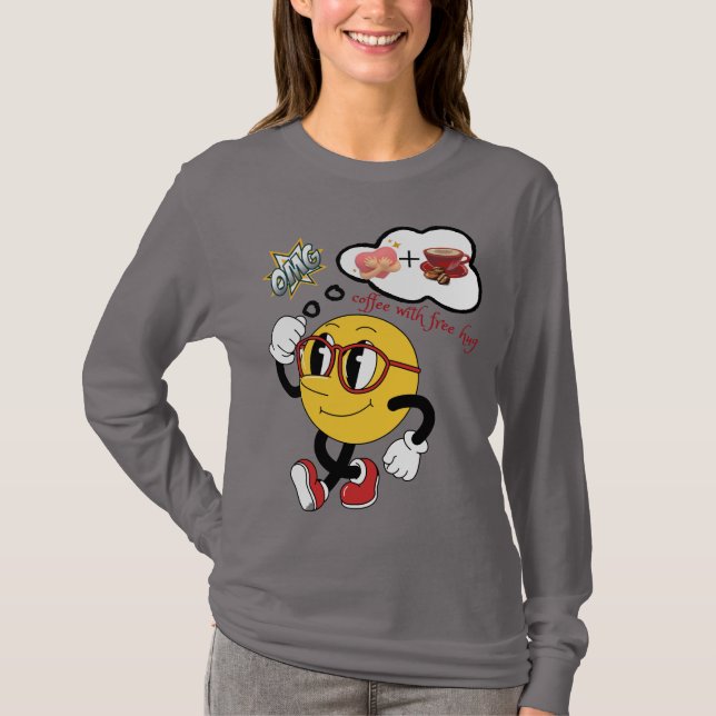 T-shirt ☕ Café Avec Hug 🤗 Gratuit | Femme mignonne Emoji (Devant)