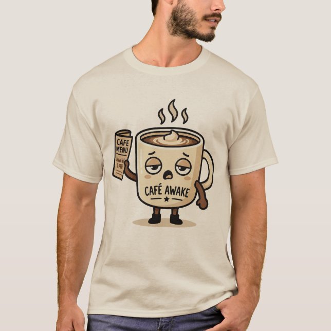 T-shirt Café Awake Cute Sleepy Coffee Mascot Illustration (Devant)