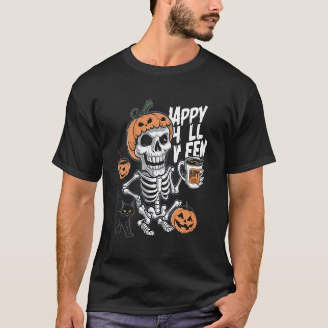 T-shirt Café Boire Squelette Citrouille Costume d'Hallowee (Devant)