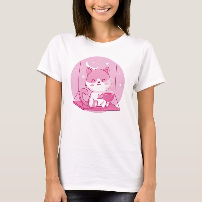 T-shirt Café Cat Rose Cute, Chaton Swing Caféine Boire (Devant)
