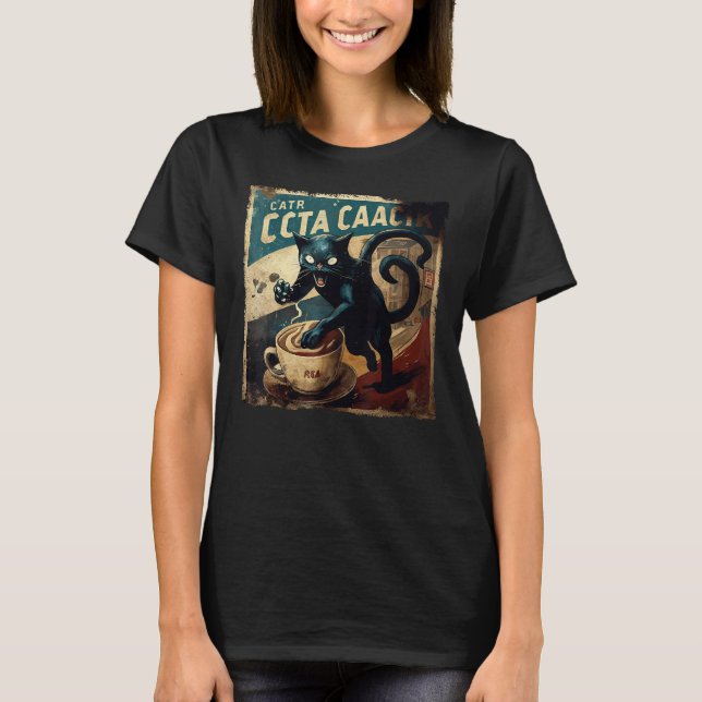 T-shirt Café d'attaque de chat noir drôle (Devant)
