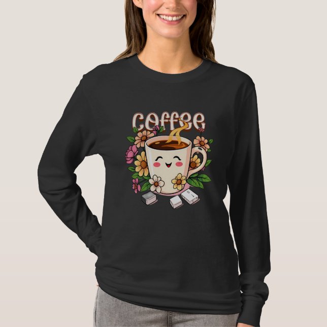 T-shirt Café et fleurs Cute Retro Kawaii (Devant)