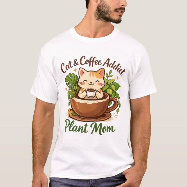 T-shirt Café et Plantes Chat Confortable Art (Devant)