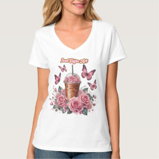 T-shirt café glacé avec roses roses roses