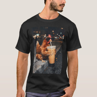 T-shirt Café Glacé Poule Poule Coq Nuit Ville Frais