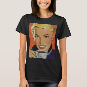 T-shirt Café Vintage, Femme Heureuse avec Tasse de Café Ré