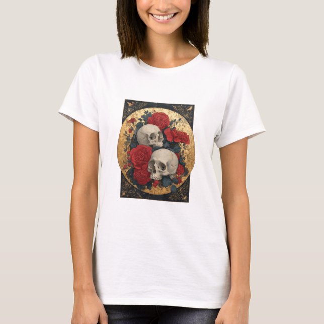 T-shirt Calaveras, oro y rosas (Devant)