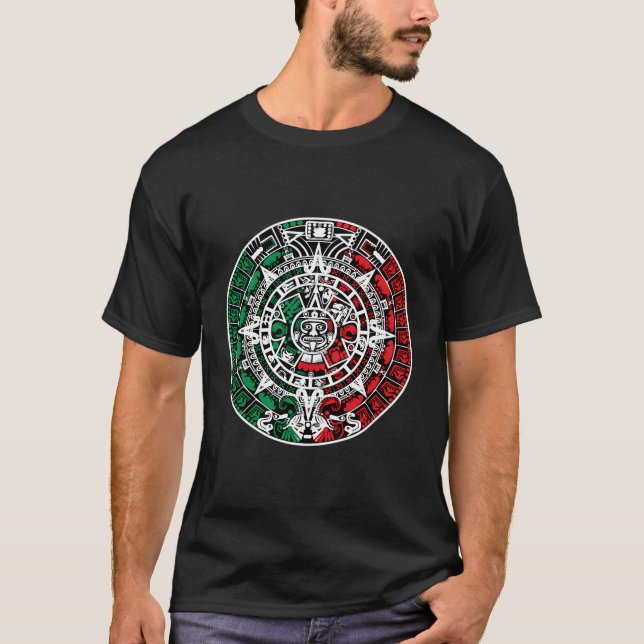 T-shirt Calendrier Aztèque Avec Drapeau Mexicain Couleurs  (Devant)
