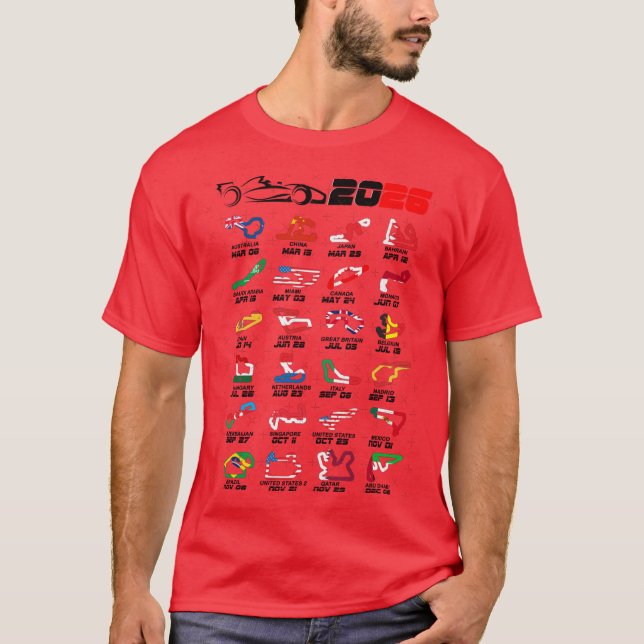T-shirt Calendrier Formule voitures de course 2026 circuit (Devant)
