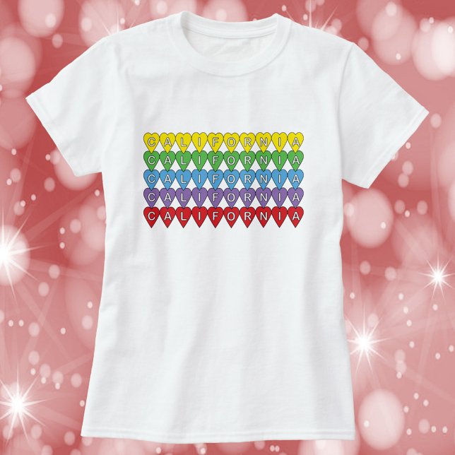 T-shirt California Colorful Hearts Motif (A shirt with the word California in yellow, green, blue, purple and red hearts)