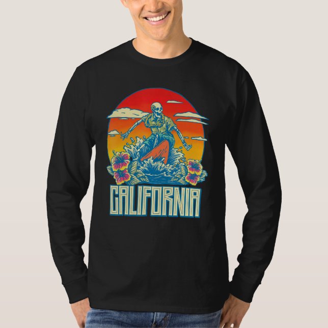 T-shirt California Surfing Skeleton Skull Dead Waves Retro (Devant)