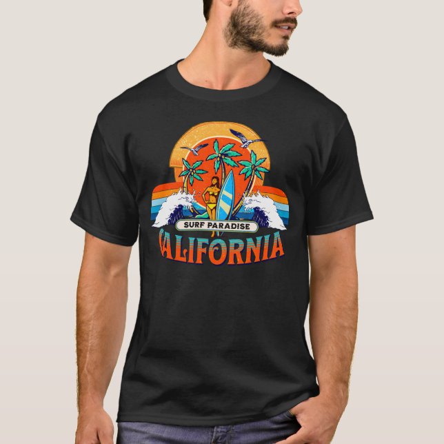 T-shirt Californie Surf Paradise Retro Sunset (Devant)
