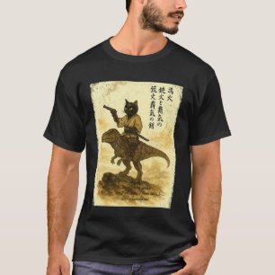 T-shirt Calligraphie japonaise : chat monte sur un dinosau