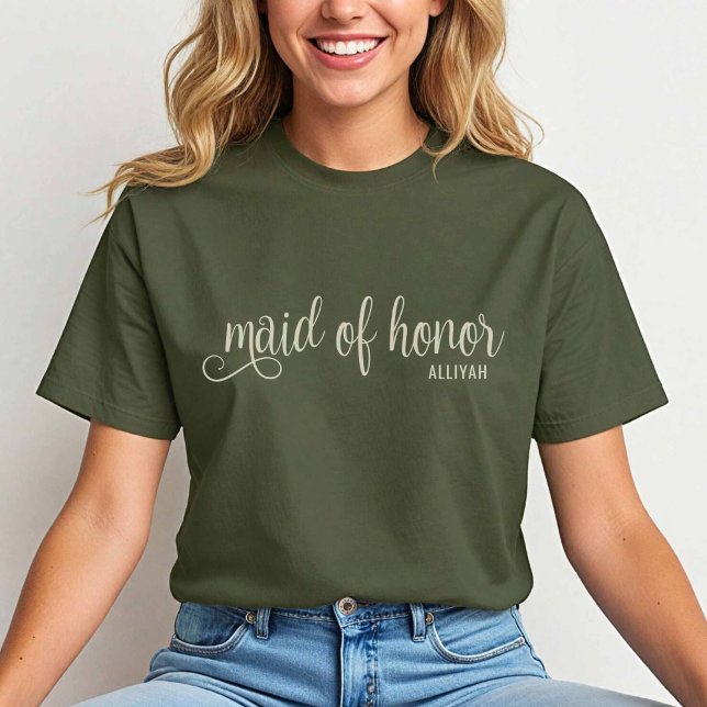 T-shirt Calligraphie naturelle sur Fatique Maid of Honor (Natural on Fatigue Green Maid of Honor Tshirt)