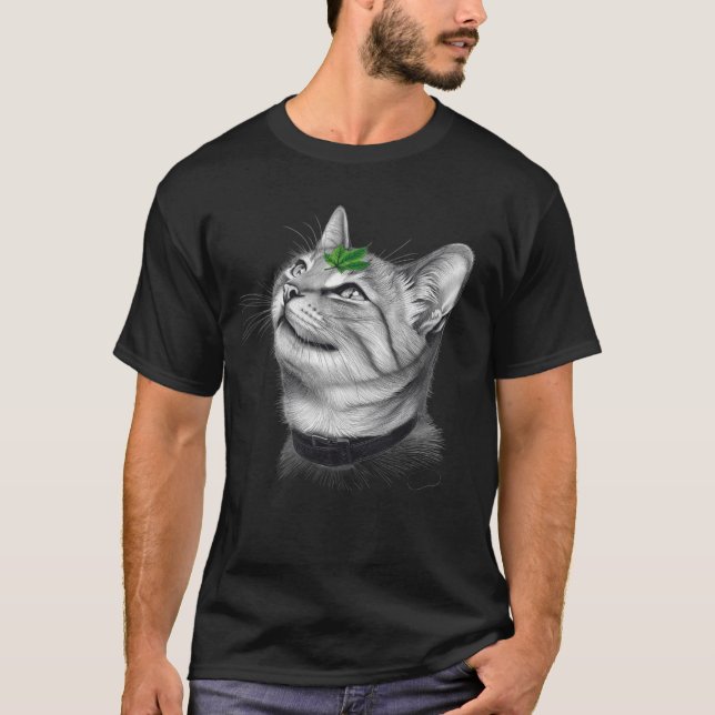 T-shirt Calm White Minimal Cat Leaf Aesthetic Drawing pfp (Devant)