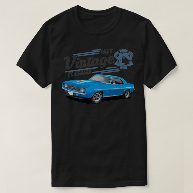 T-shirt Camaro bleu vintage et moteur (Design devant)