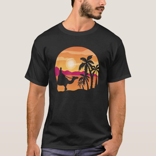 T-shirt Camel Sunset Palm Tree Voyageur Arabian Camel Ani (Devant)