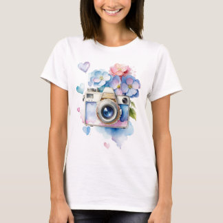 T-shirt Caméra vintage avec fleurs d'Hydrangea