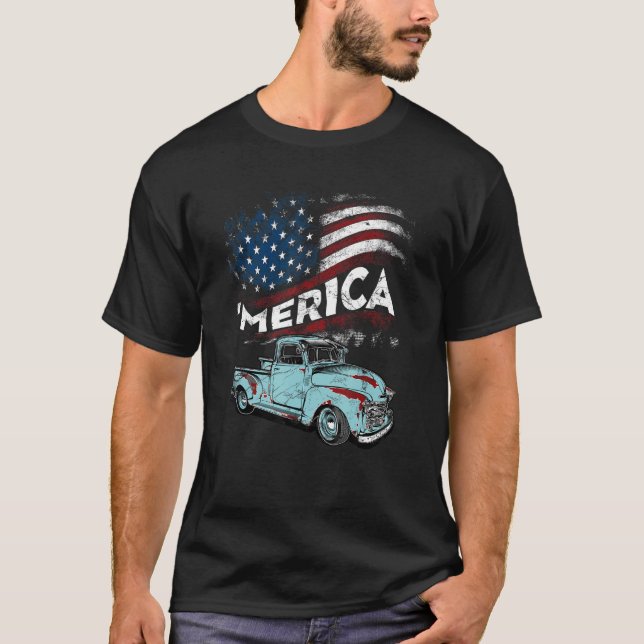 T-shirt Camion classique Merica Drapeau américain avec ram (Devant)