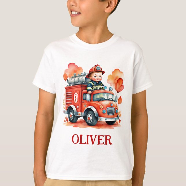T-shirt Camion de pompiers mignon et pompier (Devant)