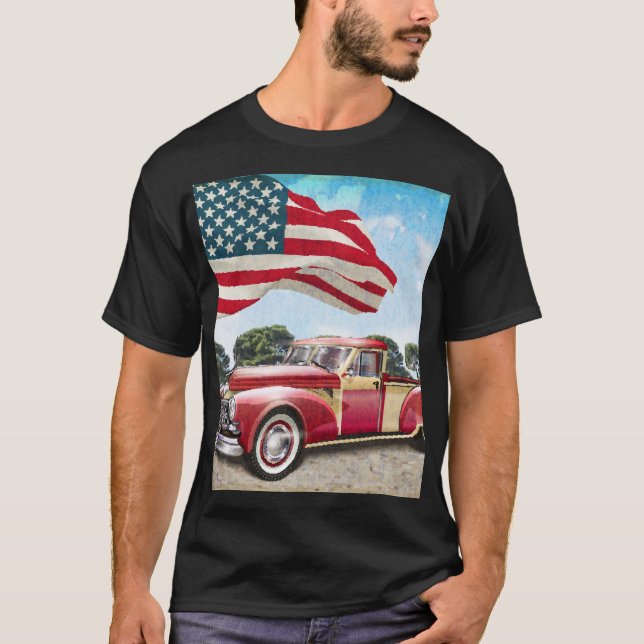 T-shirt Camion de ramassage rouge : Drapeau américain Vint (Devant)