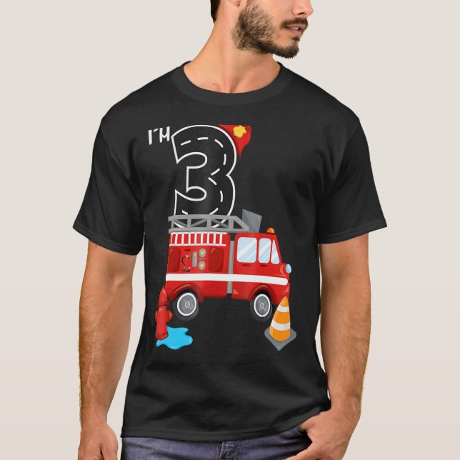 T-shirt Camion d'incendie 3e anniversaire garçon 3 ans pom (Devant)