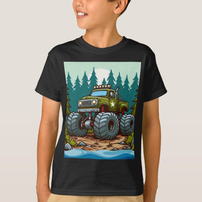 T-shirt Camion Monster Vert dans la forêt (Devant)