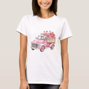 T-shirt Camion rose à l'aquarelle avec des cœurs et des fl