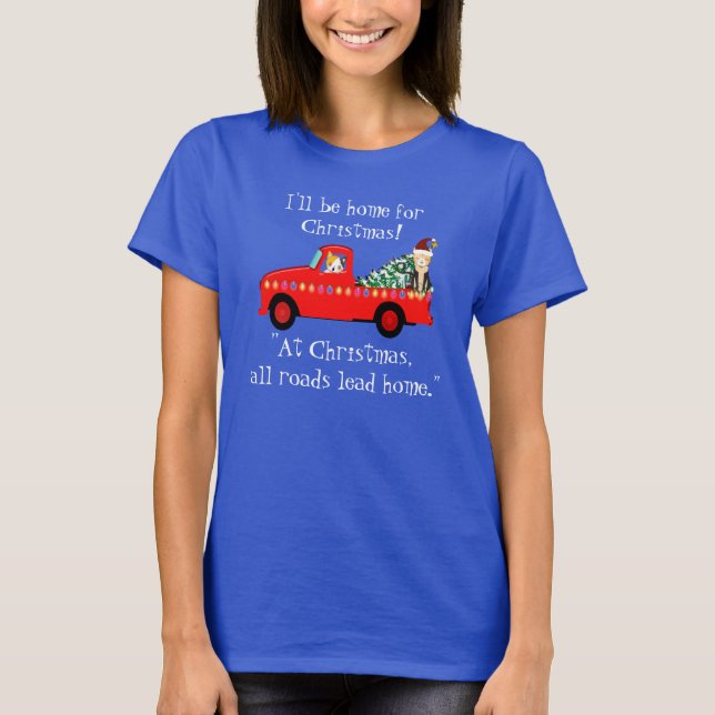 T-shirt Camion Rouge Et Chats Bleu De Noël (Devant)