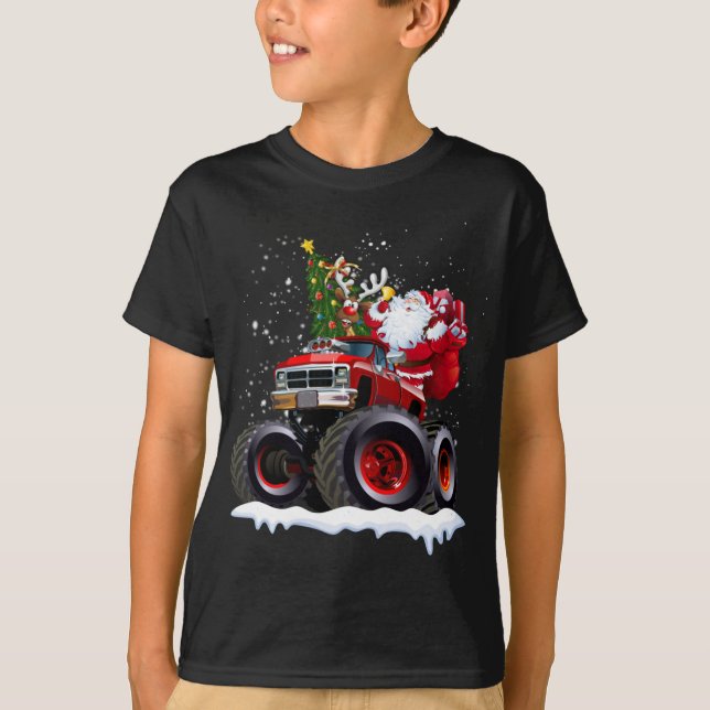 T-shirt Camion Rouge Monster Avec Père Noël, Arbre De Noël (Devant)