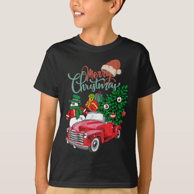 T-shirt Camion rouge ramasse Arbre de Noël Joyeux Noël Sn (Devant)