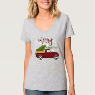 T-shirt Camion Rouge Rétro Joyeux Noël Arbre Rétro