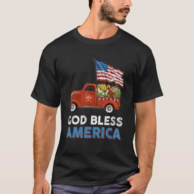 T-shirt Camion Rouge Usa Fleurs Drapeau Dieu bénisse l'Amé (Devant)