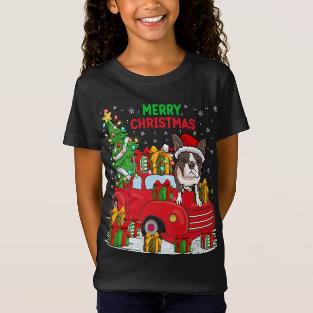 T-Shirt Camion rouge Xmas Tree - Éclairage Boston Terrier  (Devant)