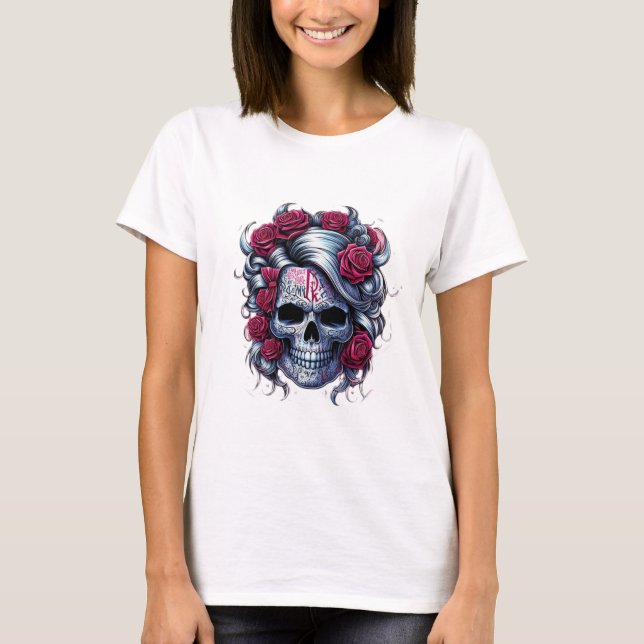 T-shirt Camiseta blanca de calavera con flores rojas (Devant)