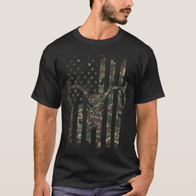T-shirt Camo American Drapeau Cerf Crâne Elk Chasse Usa (Devant)